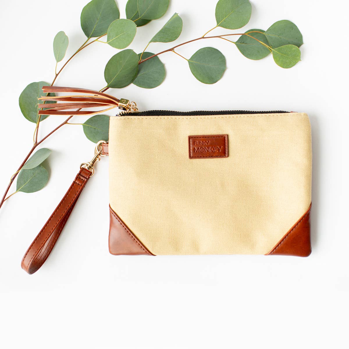 Funky Monkey Fashion Corner Wristlet Detail Tan Black Cotton Lining